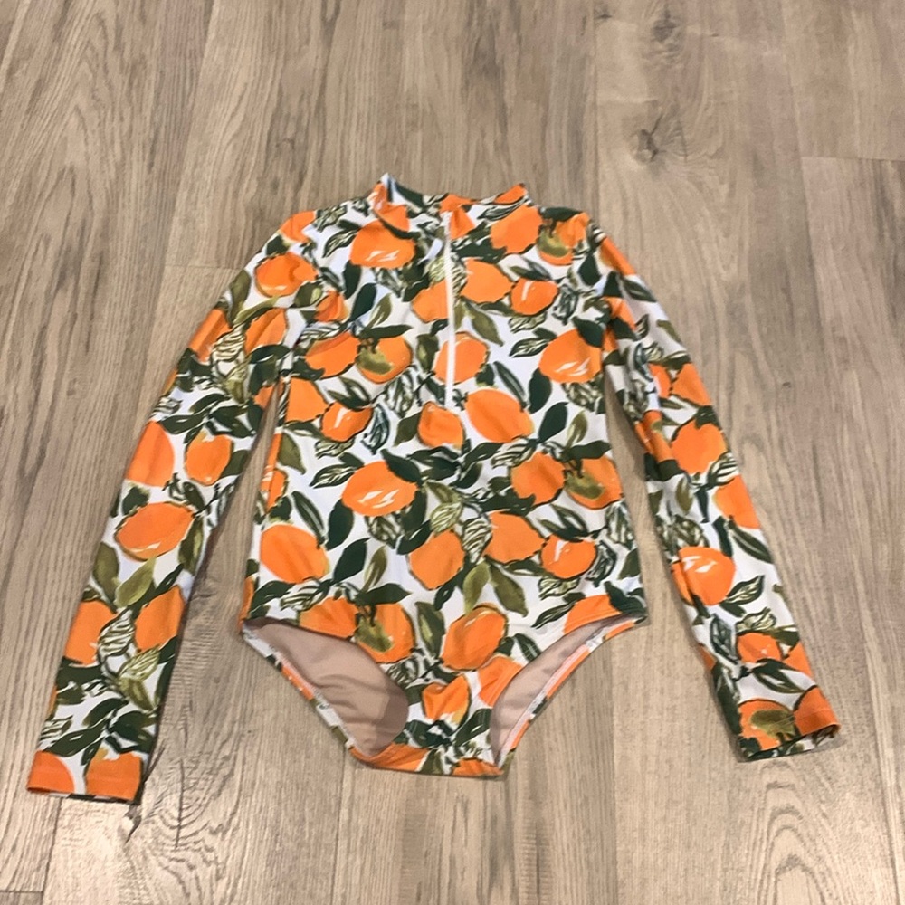 Motto orange, one piece long sleeve swimsuit